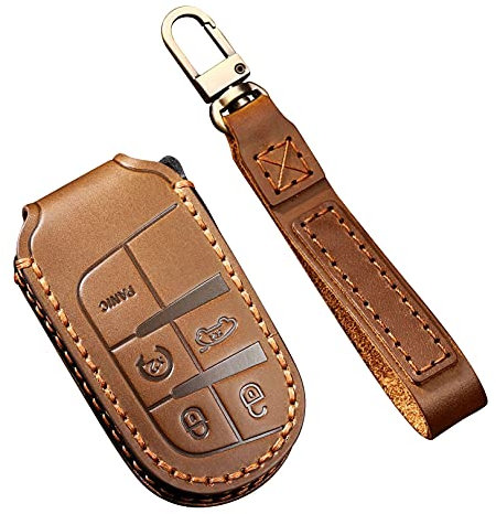 ontto Autoschlüssel Hülle Passt für?Jeep Renegade Grand Cherokee Dodge Ram 1500 Journey Charger Challenger Fernbedienung Cover Leder Schlüsselhülle Schlüsselanhänger Schlüssel Schutz 5 Taste-Braun