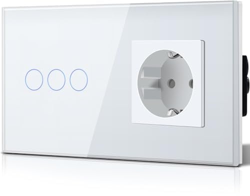 BSEED Touch Lichtschalter mit Steckdose aus Glas, Modern Steckdosen Unterputz, Wandschalter mit LED Hinterlicht (Kein Neutralleiter erforderlich), Kein WLAN, 157mm 3 Fach 1 Weg Weiß