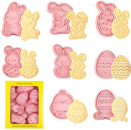 8 Pcs Cortador de Galletas Pascua,Molde de Galleta de Conejito de Pascua,Moldes Galletas de Pascua,3D Cortador de Galletas de Plástico de Pascua,Cortador de Galletas de Pascua para Niños