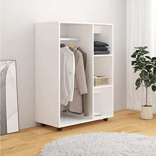 Susany Kleiderschrank mit offenes Fach 3 seitlichen Ablagen Rollen Garderobenschrank Garderobe Schlafzimmerschrank Aufbewahrungschrank Weiß 80x40x110 cm Spanplatte