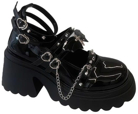 Womens Mary Janes Shoes Sweet Toe Ankle Lolita Gothic Platform Dress Pumps Chunky Platform Shoes Patent Leather Dress