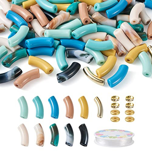 Cheriswelry 110 Stück Acryl-Perlen, grob, gebogene Bambus-Röhren-Perlen, dicke Nudelperlen mit 40 Abstandshalter-Perlen für Schmuck- und Armbandherstellung