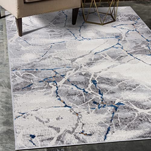 Mazovia Abstraktes Vintage Designer Teppich - Kurzflor Marmor Muster - Weich Teppich für Wohnzimmer, Esszimmer - ÖKO-TEX Wohnzimmerteppich - Teppiche Grau Blau 200 x 200 cm