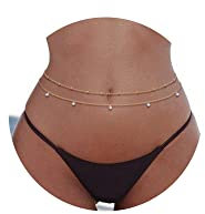 JeryWe Or Bohème Chaînes de ventre pour femmes et filles Chaîne de Taille Superposées Or Corps Chaîne en sequins CZ Perles Couches Bikini Sexy Acier inoxydable Été Plage Ceinture Bijoux Réglables or-D