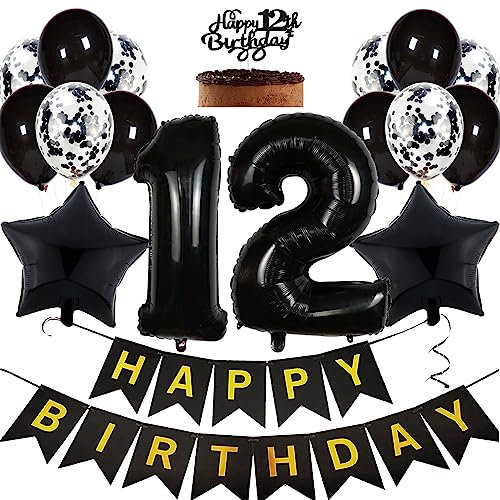 Feelairy Geburtstagsdeko 12 Jahre Junge, Luftballon 12. Geburtstag Deko Mädchen, Schwarz Tortendeko Happy 12th Birthday Deko 12 Jahre Mädchen, Ballon 12. Geburtstag Party Dekoration Set