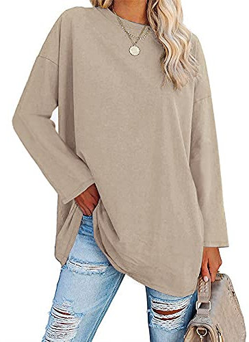 Ebifin Oversized T Shirts Women Long Tops Long Sleeve T Shirt Crewneck Tunic Tops Bluse Sweatshirts.Khaki.XXL