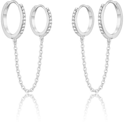 925 Sterling Silver Double Chain Hoop Earrings for Women | Silver Double Piercing Earrings Two Holes Huggie Hoop Dangle Link Earrings with Cubic Zirconia Stud for Girls Men Teens