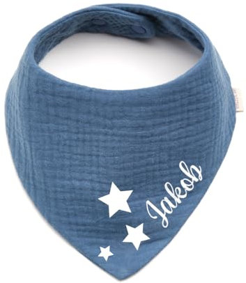 Personalisiertes Dreieckshalstuch aus Baumwolle/Musselin | Stern mit Namen | Halstuch für Jungen, Mädchen | Viele Farben (Indigo)