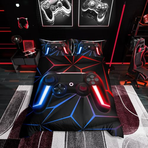 Gamer Comforter Cover Gaming Console Duvet Cover for Boys Young Man Geometric Gaming Bedding Neon Lights Gamepad Bed Set 3Pcs for Teen Youth Bedroom (Blue Red Black, King)