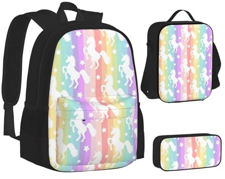 WURTON Juego de mochila y lonchera con estampado de unicornios en rayas coloridas, bolsa escolar 3 en 1 y estuche a juego