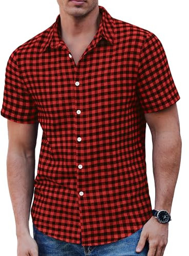 COOFANDY Men's Casual Short Sleeve Checked Shirts Plaid Button Down Cotton Summer Shirt Red Black XXL