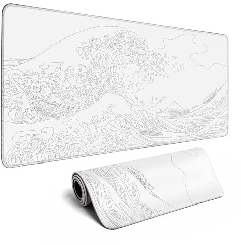 MiaVibte Tappetino per mouse grande, motivo onde del mare giapponese, XL, colore bianco, tappetino per mouse da gaming Kanagawa, spessore 3 mm, base in gomma antiscivolo, per gaming, ufficio, 70 x 30