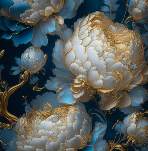 REDAMANCY Boho Blue Golden Peony Vintage Flower Wallpaper, Luxury Modern Peel and Stick, Easy Peel Off for Nightstand, Drawer, Renter-Friendly 17.7x236}