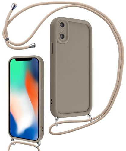 Coalbooliy Coque pour iPhone X/XS 5,8 avec Cordon de Collier Réglable, Etui Protection de la Caméra Silicone Souple TPU Antichoc Housse avec Corde Cover pour Femmes Filles pour iPhone XS, Kaki