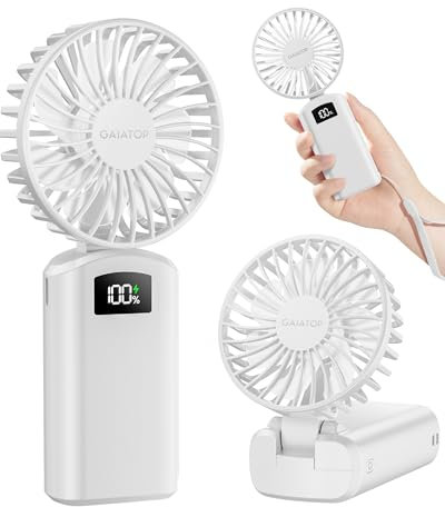 Gaiatop Portable Handheld Fan, 180° Foldable Desk Fan 3 Speed Personal Mini Hand Fan, 2000mAh Powerful Rechargeable Small Fan with Digital Display, USB Personal Fan for Office Outdoor Makeup-White