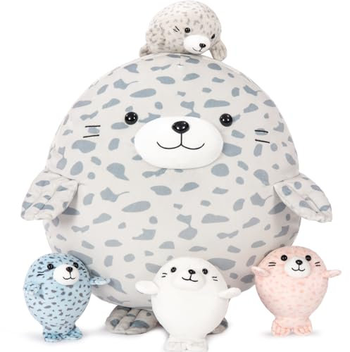 MorisMos 48cm hoch Seehund Tier Kissen, weich Robbe Plüsch Tier Plüschkissen mit 4 Baby,süße Spielzeug Stofftier Kuscheltier Kopfkissen Wurfkissen Umarmungskissen Schlafkissen Kinder Geschenk