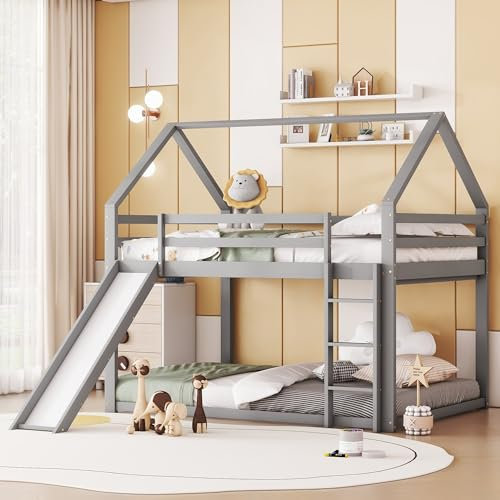 Soweiz Kinderbett Doppelbett Hausbett Etagenbett mit Rutsche und Leiter, Kinderzimmer Hoch-Doppel-Stockbett, 140x200cm (Grau)