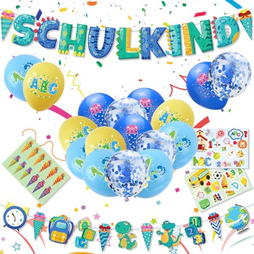 Einschulung Deko Junge,Einschulung Schuleinführung Schulanfang Deko Set, SCHULKIND Blau Banner ,22 Luftballons mit ABC 123, 3 Zuckertüte Aufkleber,Kinder Schulanfang Deko Einschulungsdeko(Blau)