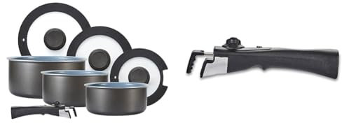 Tower Freedom T800201 7 Piece Cookware Set with Ceramic Coating, Stackable Design and Detachable & Freedom T800207 Detachable Bakelite Handle with Clip and Grip Mechanism, Black