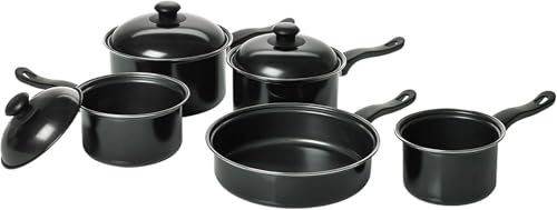 Housetronics Carbon Steel Non-Stick Cookware Set, 8 Pieces, Saucepans with Lids, Pots, Oven & Microwave Safe,| Milk & Saute Pan | 14/16/18/20/24cm |