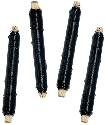 Diompirux Juego de 4 Alambre para Envolver Lacado en Negro, 0,65mm Alambre Enrollado en Bobina de Madera, Cuerda de Jardinería Suave y Elástica, Rollo de Alambre Negro para Manualidades, Decoración