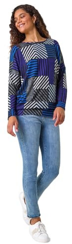 Roman Blouson Top for Women UK Ladies Drop Shoulder Long Sleeve Jersey Stretchy Oversized Casual Office Jumper Soft Everyday Sweater Lounge Sweatshirt Blouses - Blue Multi - Size 10