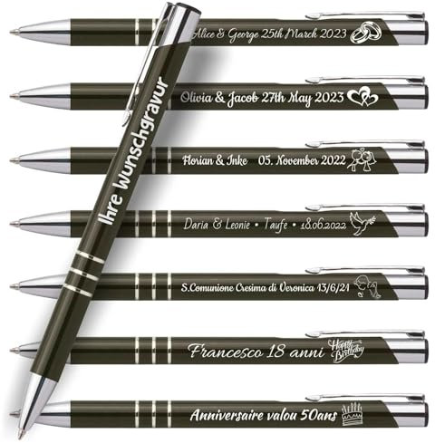 DECORS concept - 50x Kugelschreiber mit Gravur, Personalisierte Metall Kugelschreiber, Ideal als Gastgeschenke Hochzeit, Kommunionen, Geburtstage, oder als Werbegeschenke für Firmen (Dunkelgrau)