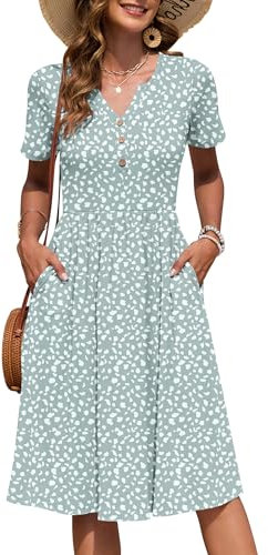 AUSELILY Damen Kurzarm Sommerkeider Knielange Sommer Kleider V-Ausschnitt mit Knöpfen Empire Midikleid mit Taschen Grüner Fleck XXL