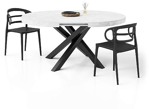 Moderner runder ausziehbarer Tisch 120 160 cm Betonoptik Weiß Schwarz gekreuzte Beine Made in Italy