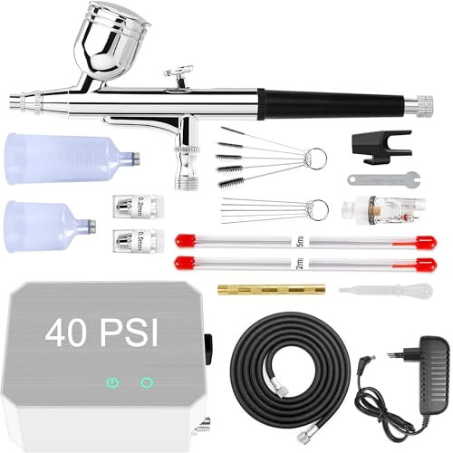 Powate 40 PSI Aerograph, Multi-Function Dual-Action Airbrush Set Compressor avec 0.2/0.3/0.5 mm Buses pour Nail Art, L'artisanat, la Décoration de Gâteaux, la Conception D'ongles,Argent