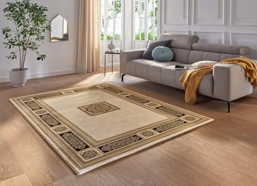 Taracarpet moderner Designer Orient Kurzflor Teppich edle Luxus Qualität im Aubusson Palast Design für Wohnzimmer, Schlafzimmer und Esszimmer Gold-schwarz 133x195 cm
