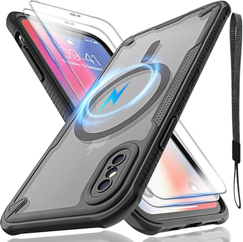 for iPhone X/Xs Case, Translucent Matte Back Compatible with Magsafe Magnetic Slim Shockproof Protective Case with Lanyard Strap and 2*9H Tempered Glass Screen Protector Phone Cover 5.8-inch-Black
