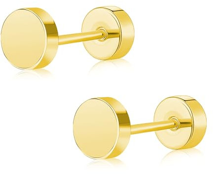 ZDE Titan Damen flach zurück Ohrstecker Frauen hypoallergene Ohrringe für empfindliche Ohren einfach klassisch flach Ohrstecker perfekt für Helix Tragus Knorpel (Gold, 6MM)