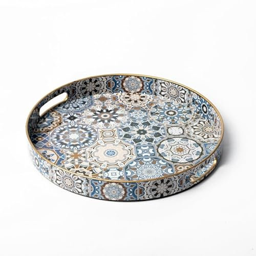 Heaven4you Round or Rectangular Mosaic Decorative, Dining or Serving Tray with Gold Rim, and Glossy Finish-Stylish Organizer or Food Tray for Coffee Table or Kitchen (Round Mosaic)
