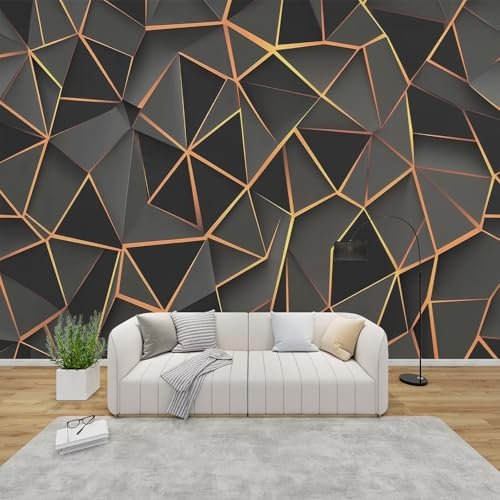 QEODAH Geometric Wallpaper for Living Room, Modern Abstract Wall Art for Bedroom, Black and Gold Wall Murals for Bedrooms, Renter Friendly Removable Waterproof Non-Woven Photo Wallpaper 3D, 100x70 cm
