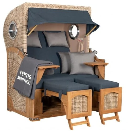 MR. DEKO® Strandkorb Düne Teak 2-Sitzer Bullauge | PE Geflecht Shell | Volllieger Strandstuhl verstellbar | inkl. 4 Kissen Wechselpolster | Strandkörbe fertig montiert aus Teakholz | (Dessin 593)