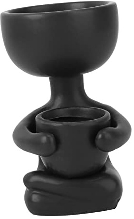 Garneck Ceramic Flowerpot Creative Plant Container Sitting Human Shaped Planter Black 6cm Top Opening x 10cm Height Desktop Decoration Table Ornament for Home and Office
