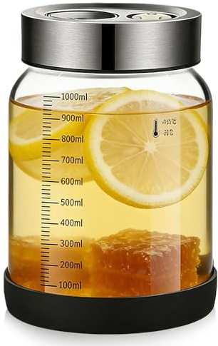 Pot de fermentation avec couvercle, pot de fermentation de 1 L avec valve de fermentation, pot Kimchi avec couvercle hermétique anti-fuite, verre à kéfir pour cornichon, choucroute, bocal à cornichons