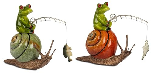 formano 2er Set Frosch Angler auf Schnecke mit Fisch 18 cm Dekofigur Serie Froschhausen | glänzende Polyresin Tierfiguren | humorvolles Geschenk für Angler & Gartenfreunde