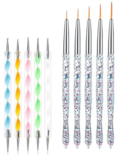 Nagel Pinsel Pinsel für Gelnägel Nagelpinsel Set Nageldesign Pinsel Doppel Ende Acryl Gel Pinsel für Nägel Professionell Dotting Tools Nail Art Brushes für Lange Linien Details Feines Zeichnen 10Stück