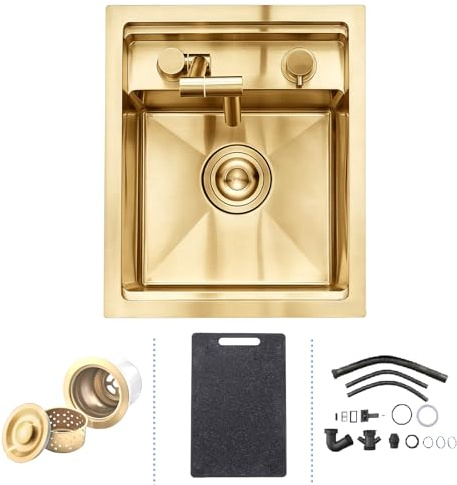 Gold Bar Évier de Bar de Cuisine Dissimulé Caché avec Robinet Pliable, 35 x 45 cm RV Small Stainless, Petit Lavabo en Acier de Calibre 16 Bac Simple Doré Pour Bars D'extérieur, Camping Car