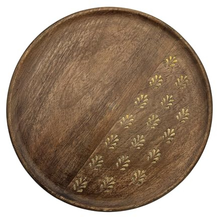 Meinposten Holzteller Deko Teller Kerzenteller rund 22 o 30 cm Blattmuster braun Mangoholz dekobrett (Klein 22 cm dunkel)