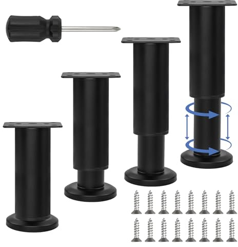 TOKSEO Lot de 4 pieds de meubles réglables en hauteur de 12 à 18 cm avec tournevis, pieds de meubles antidérapants réglables en hauteur pour armoire, lit, canapé, commode