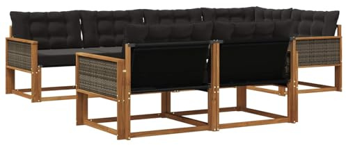 vidaXL Outdoor-Sofagarnitur mit Kissen 7 pcs Natürlich und Schwarz, Garten-Sofa, modernes Outdoor-Möbel, strapazierfähige Lounge, Sitzgruppe für Terrasse und Komfort