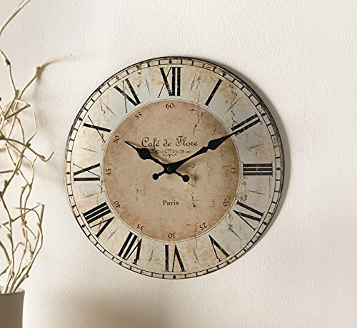 Dekoleidenschaft Wanduhr Café de Flore Paris aus Metall im Shabby Look, Ø 34 cm, Uhr, römische Ziffern, Wohnzimmeruhr