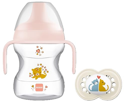 MAM Learn to Drink Baby Cup | Comes with Bottle Handles Dummy | 190ml | Suitable for 6+ Months | Baby Accessories | Pink (Various Designs)