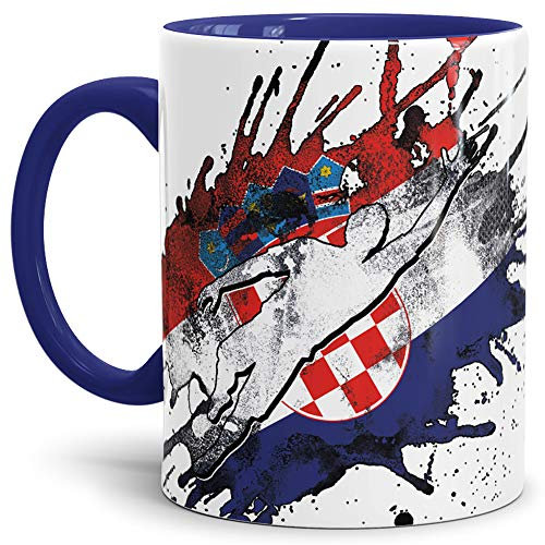 Tassendruck Flaggen-Tasse Fussballer -Kroatien - Fahne/Länderfarbe/WM 2018/Weltmeisterschaft/Cup/Tor/Innen & Henkel Dunkelblau - Qualität Made in Germany