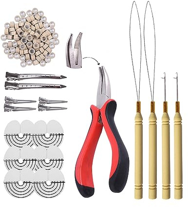 Hair Extensions Tools Kit: I-Tip Hair Pliers, Pulling Needle, Loop Threader and 200 Pieces 5.0mm Silicone Hair Extension Rings Beads Links (Gray Blonde)