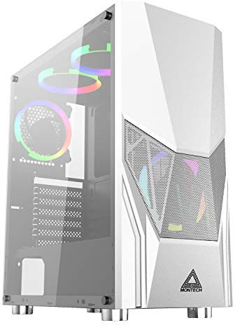 Montech Fighter 500 White ATX Mid-Tower Computer Gaming Case/Pre-Installed Four Rainbow LED Fans, High-Airflow, Mesh 3D Front Panel, Tempered Glass, Magnetic Dust Filter/ATX,Micro ATX,Mini-ITX