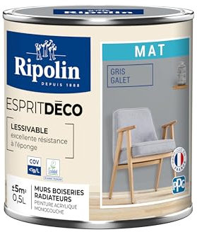RIPOLIN - Peinture Intérieure Multi-Supports – Murs, Boiseries & Radiateurs – Ultra Couvrante – Lessivable – Application Facile – Ecolabel - Aspect Mat - 0,5L - Gris Galet
